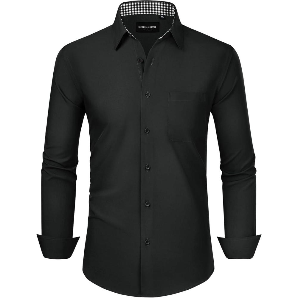 imageAlimens amp Gentle Mens Dress Shirts Long Sleeve Button Down Shirt Men Wrinkle Free Contrast Collar ShirtsBlack