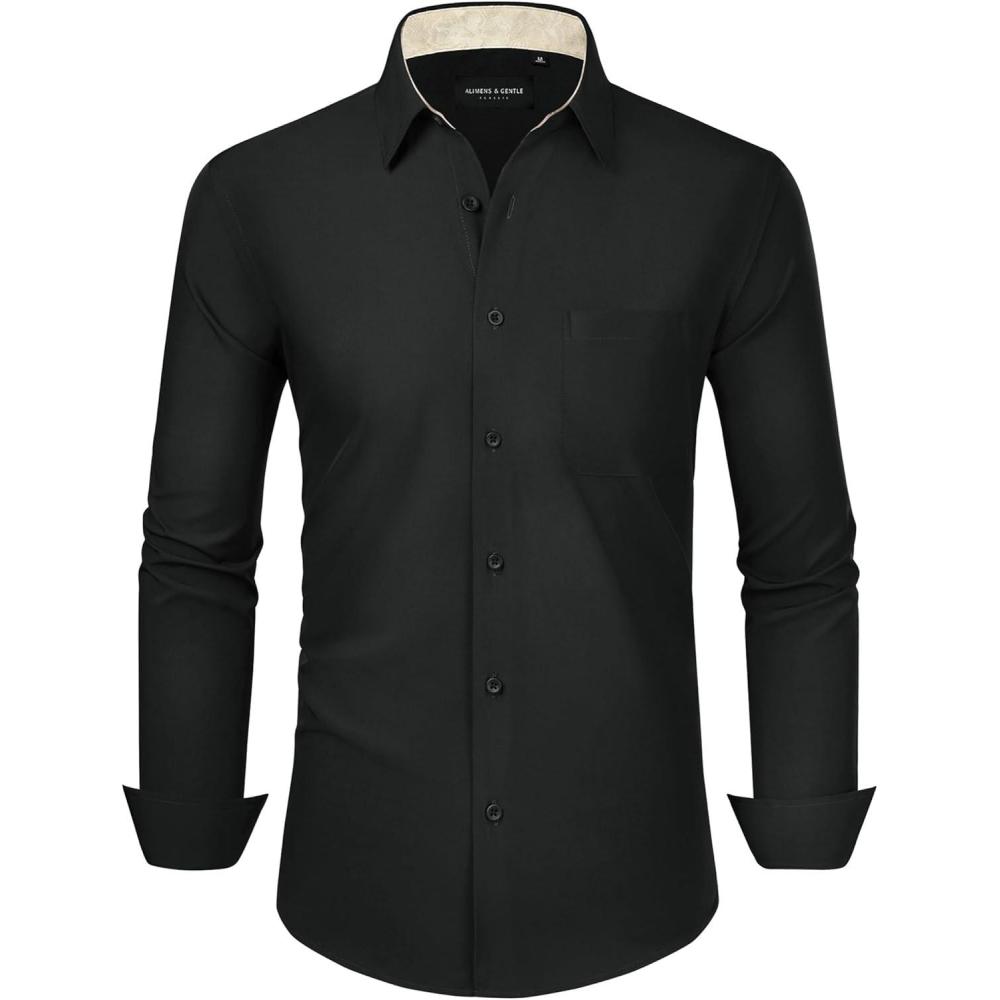 imageAlimens amp Gentle Mens Dress Shirts Long Sleeve Button Down Shirt Men Wrinkle Free Contrast Collar ShirtsBlackchampagne