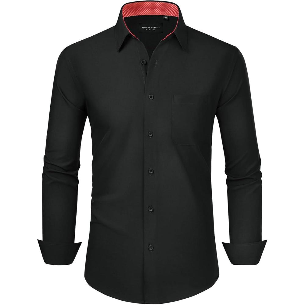 imageAlimens amp Gentle Mens Dress Shirts Long Sleeve Button Down Shirt Men Wrinkle Free Contrast Collar ShirtsBlackred Polka Dots