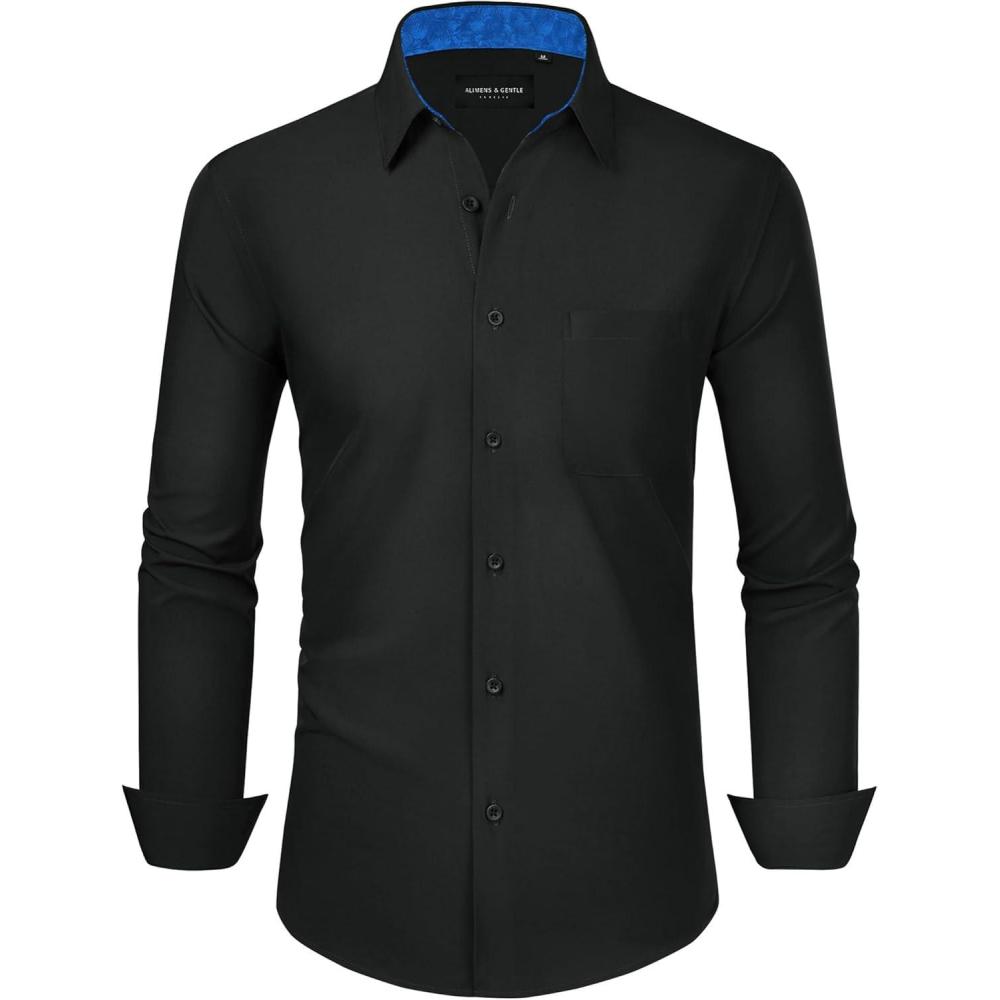 imageAlimens amp Gentle Mens Dress Shirts Long Sleeve Button Down Shirt Men Wrinkle Free Contrast Collar ShirtsBlackroyal Blue