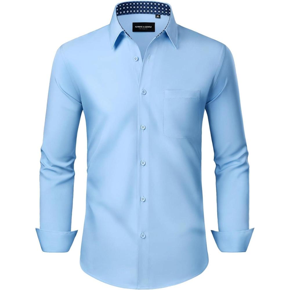 imageAlimens amp Gentle Mens Dress Shirts Long Sleeve Button Down Shirt Men Wrinkle Free Contrast Collar ShirtsBluepolka Dots