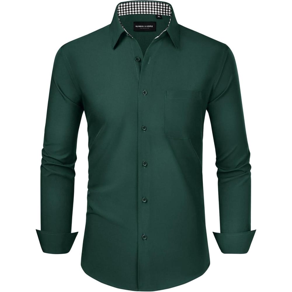 imageAlimens amp Gentle Mens Dress Shirts Long Sleeve Button Down Shirt Men Wrinkle Free Contrast Collar ShirtsDark Green