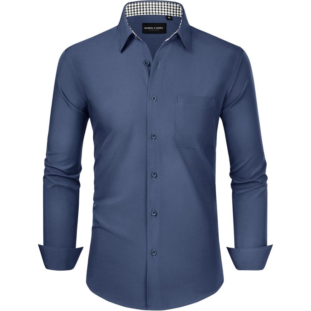 imageAlimens amp Gentle Mens Dress Shirts Long Sleeve Button Down Shirt Men Wrinkle Free Contrast Collar ShirtsDenim Blue