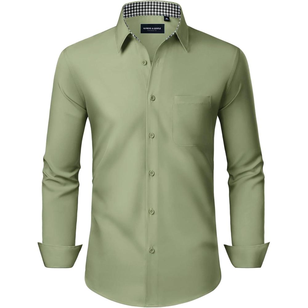 imageAlimens amp Gentle Mens Dress Shirts Long Sleeve Button Down Shirt Men Wrinkle Free Contrast Collar ShirtsGreen