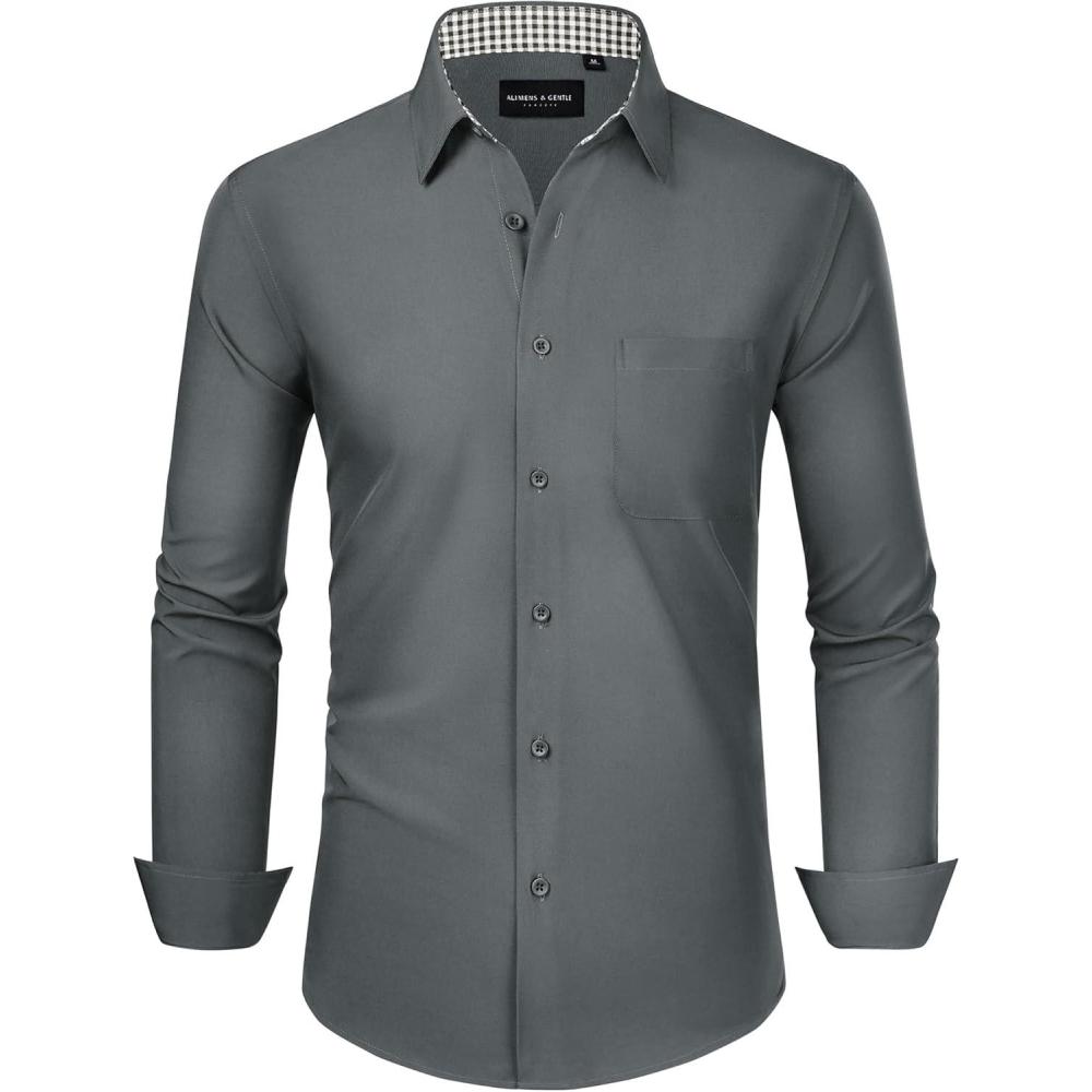 imageAlimens amp Gentle Mens Dress Shirts Long Sleeve Button Down Shirt Men Wrinkle Free Contrast Collar ShirtsGrey