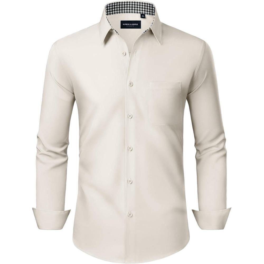 imageAlimens amp Gentle Mens Dress Shirts Long Sleeve Button Down Shirt Men Wrinkle Free Contrast Collar ShirtsIvory Purple
