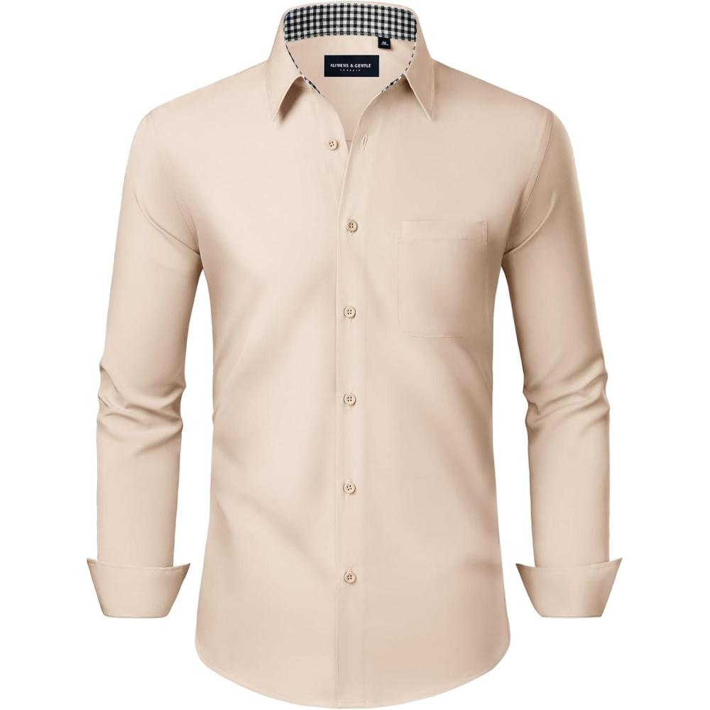 imageAlimens amp Gentle Mens Dress Shirts Long Sleeve Button Down Shirt Men Wrinkle Free Contrast Collar ShirtsKhaki