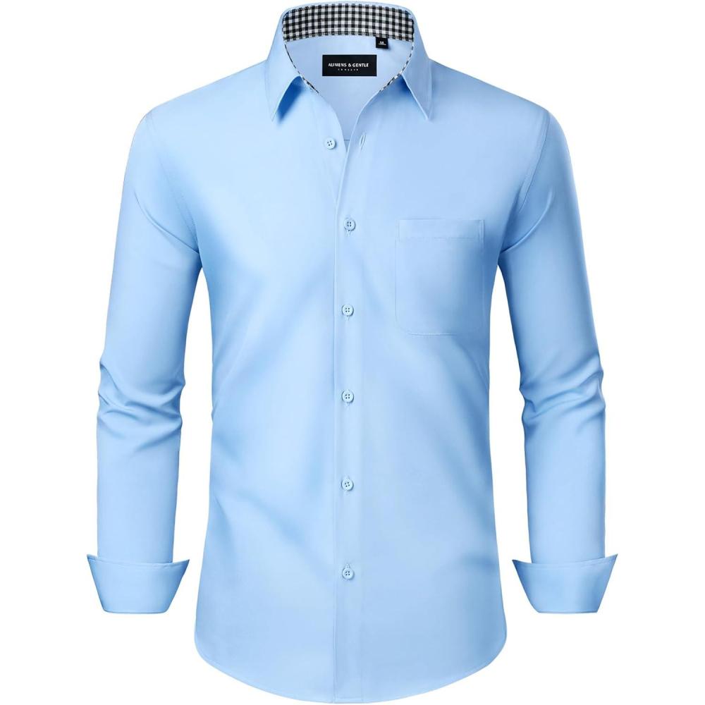 imageAlimens amp Gentle Mens Dress Shirts Long Sleeve Button Down Shirt Men Wrinkle Free Contrast Collar ShirtsLight Blue