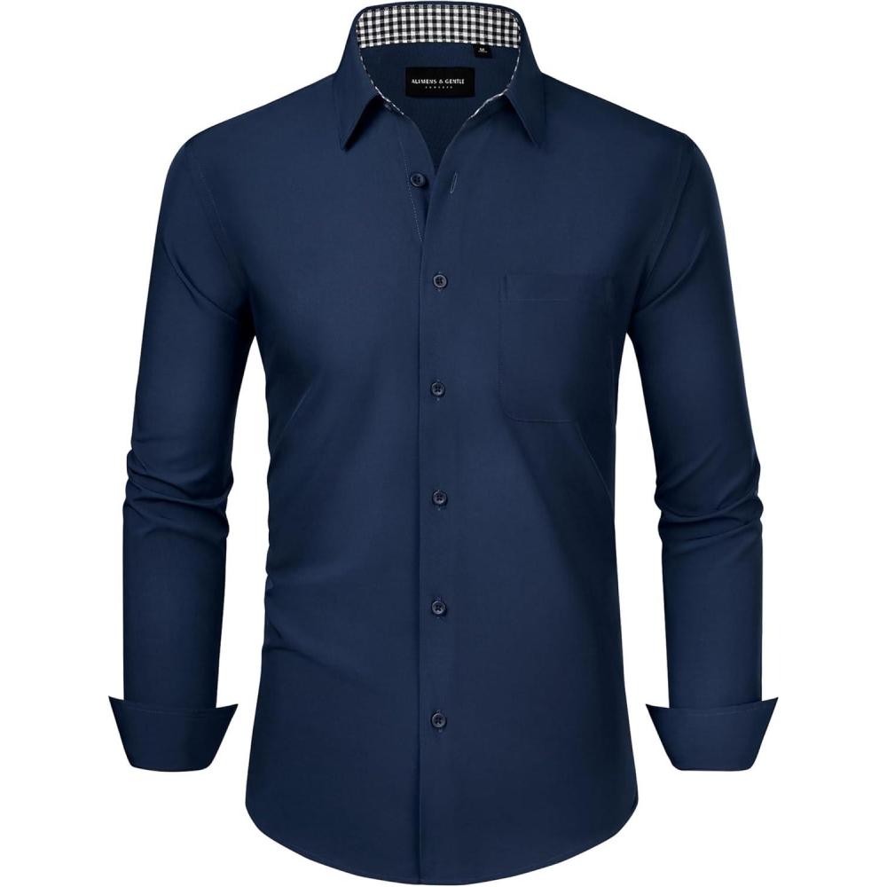 imageAlimens amp Gentle Mens Dress Shirts Long Sleeve Button Down Shirt Men Wrinkle Free Contrast Collar ShirtsNavy Blue