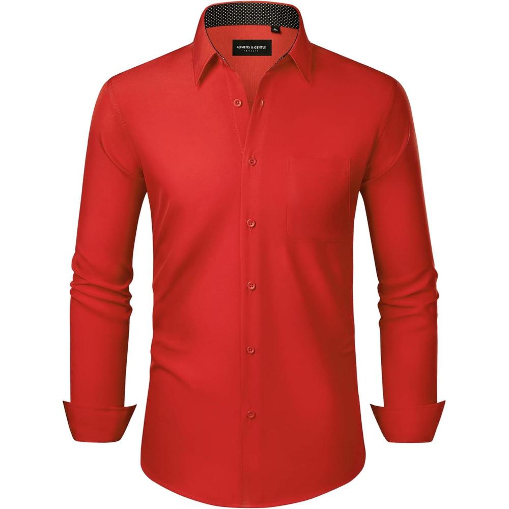 imageAlimens amp Gentle Mens Dress Shirts Long Sleeve Button Down Shirt Men Wrinkle Free Contrast Collar ShirtsRedblack Polka Dots