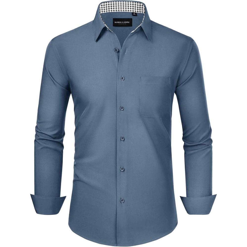 imageAlimens amp Gentle Mens Dress Shirts Long Sleeve Button Down Shirt Men Wrinkle Free Contrast Collar ShirtsSteel Blue