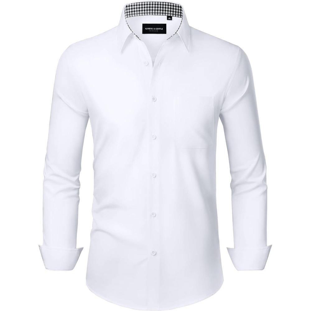 imageAlimens amp Gentle Mens Dress Shirts Long Sleeve Button Down Shirt Men Wrinkle Free Contrast Collar ShirtsWhite