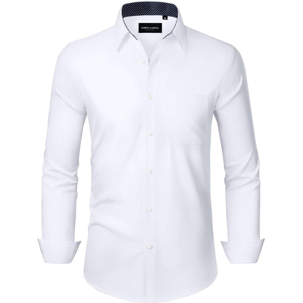 imageAlimens amp Gentle Mens Dress Shirts Long Sleeve Button Down Shirt Men Wrinkle Free Contrast Collar ShirtsWhiteblack Polka Dots