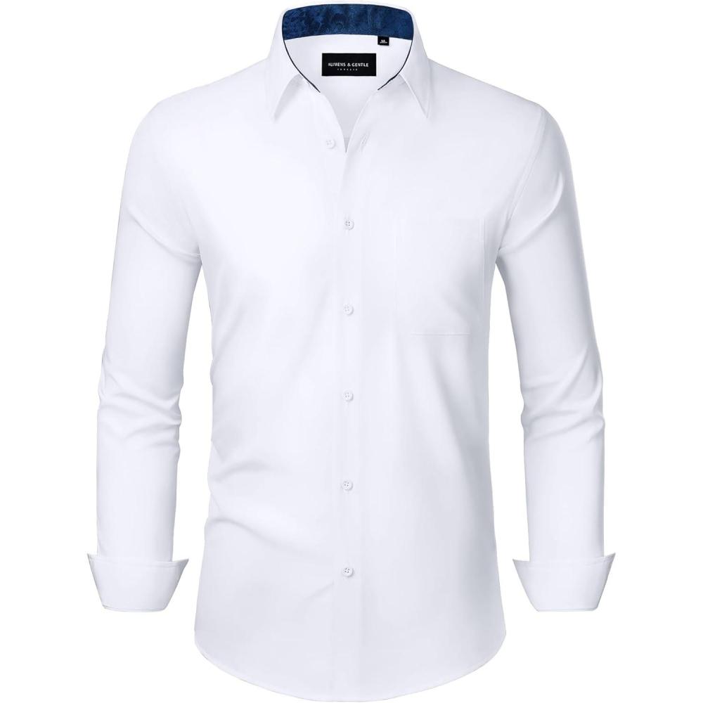 imageAlimens amp Gentle Mens Dress Shirts Long Sleeve Button Down Shirt Men Wrinkle Free Contrast Collar ShirtsWhiteroyal Blue