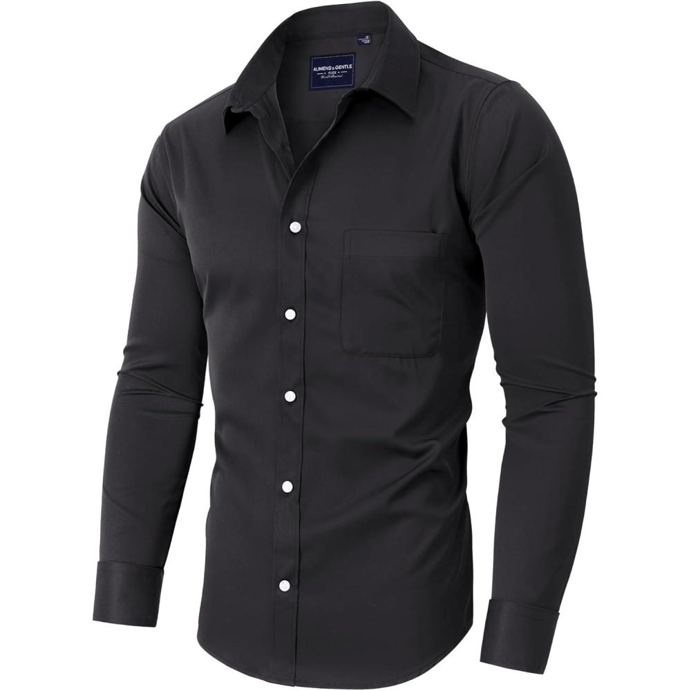 imageAlimens amp Gentle Mens Dress Shirts Long Sleeve Stretch Shirts Solid Button Down Shirt with PocketContrast Button1black
