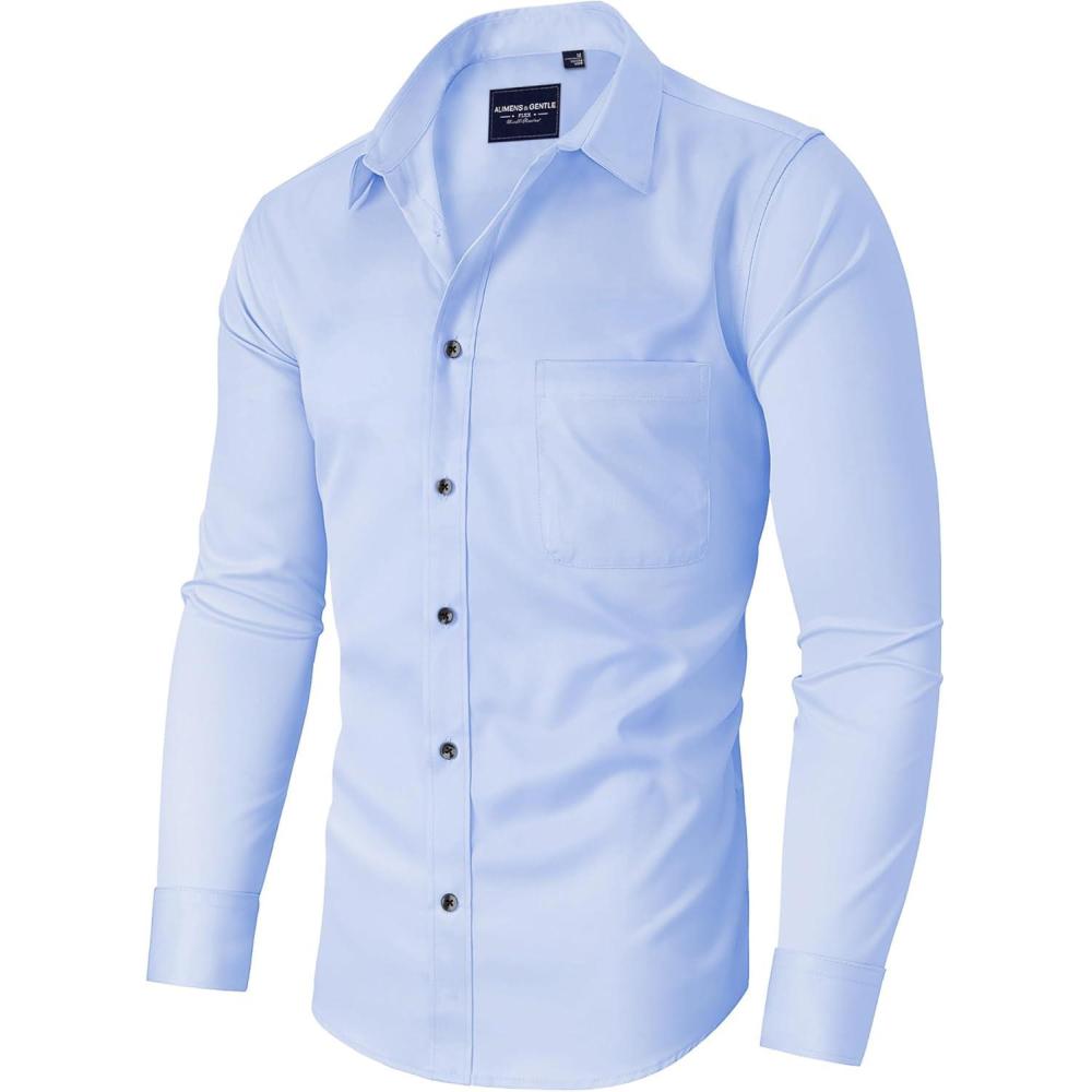 imageAlimens amp Gentle Mens Dress Shirts Long Sleeve Stretch Shirts Solid Button Down Shirt with PocketContrast Buttonblue