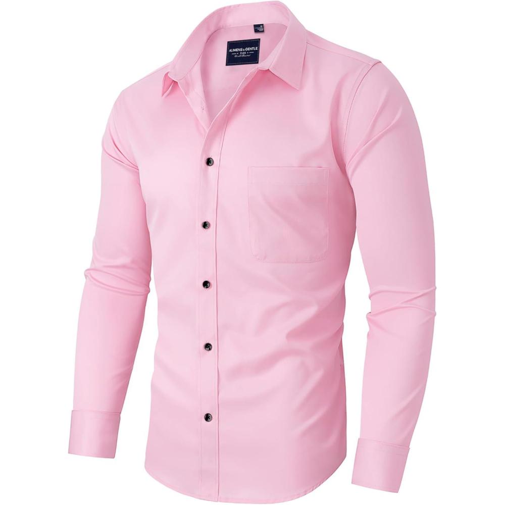 imageAlimens amp Gentle Mens Dress Shirts Long Sleeve Stretch Shirts Solid Button Down Shirt with PocketContrast Buttonpink