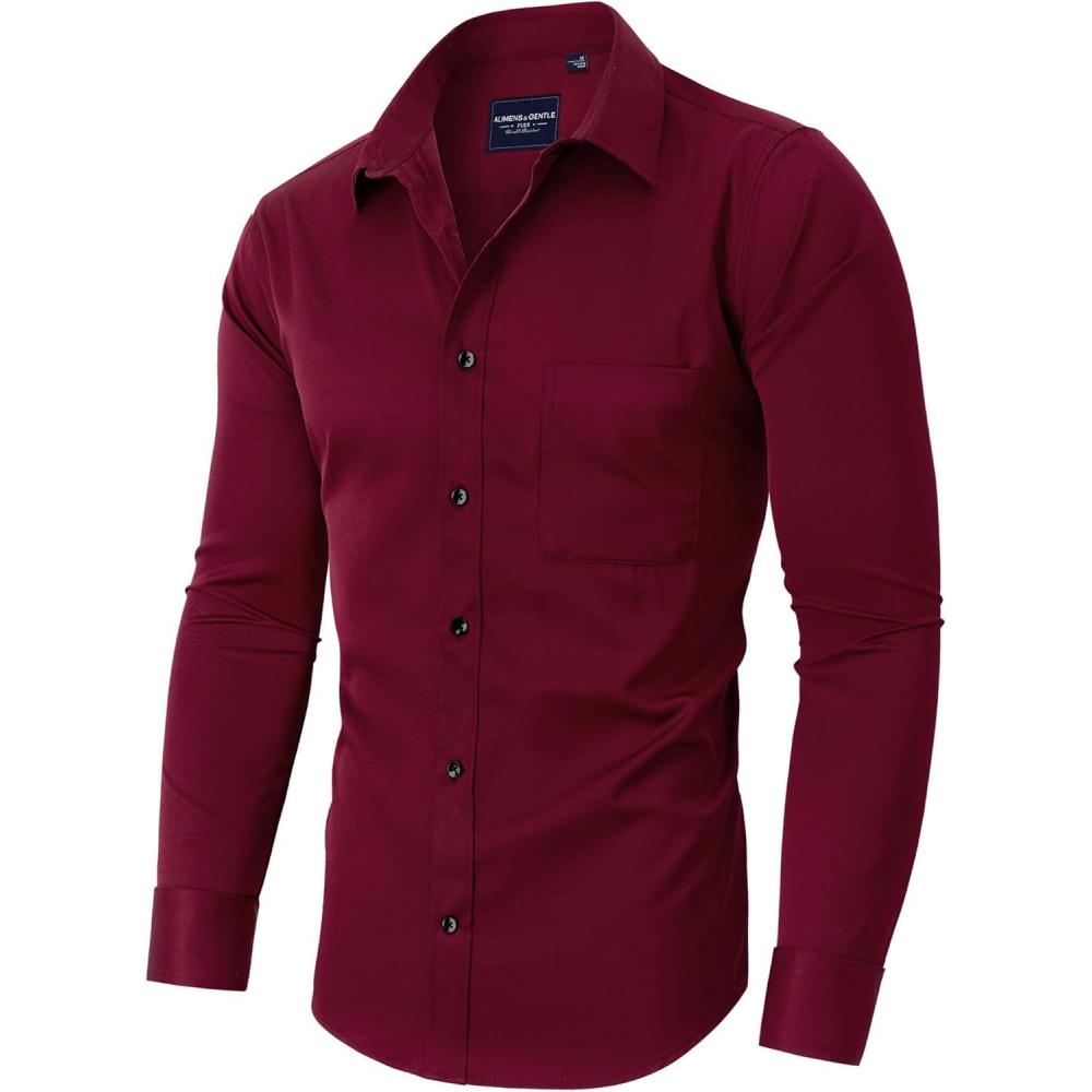 imageAlimens amp Gentle Mens Dress Shirts Long Sleeve Stretch Shirts Solid Button Down Shirt with PocketContrast Buttonred
