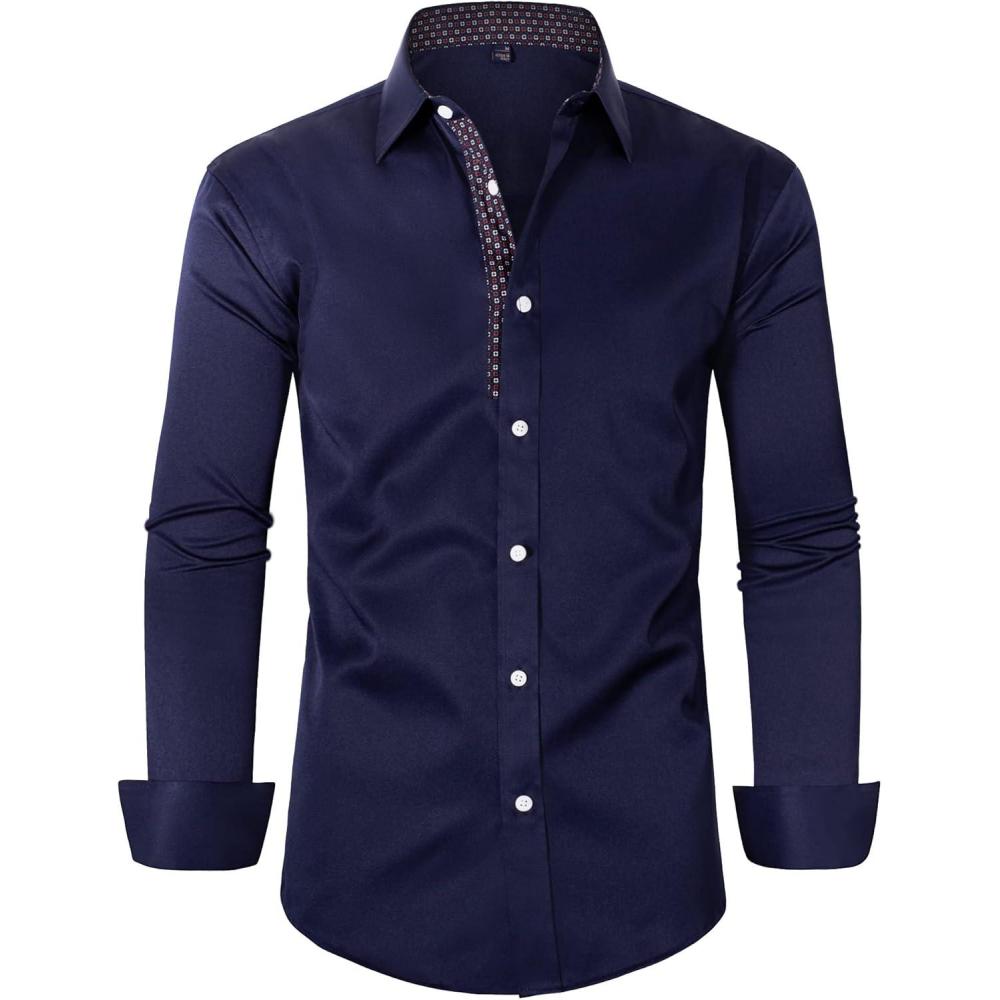 imageAlimens amp Gentle Mens Dress Shirts Long Sleeve Stretch WrinkleFree Business Casual Collar Contrast Button Down ShirtNavy Blue