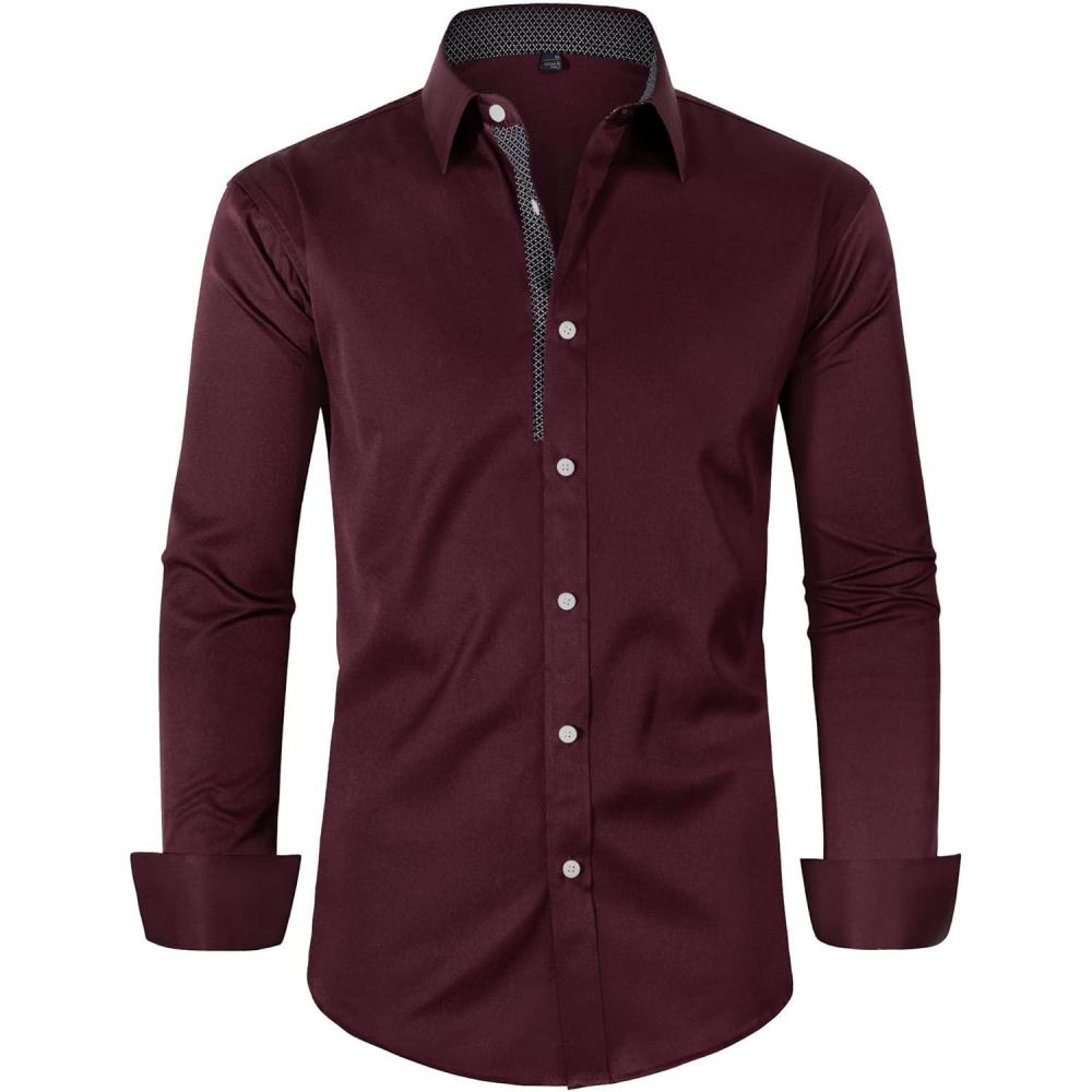 imageAlimens amp Gentle Mens Dress Shirts Long Sleeve Stretch WrinkleFree Business Casual Collar Contrast Button Down ShirtWine