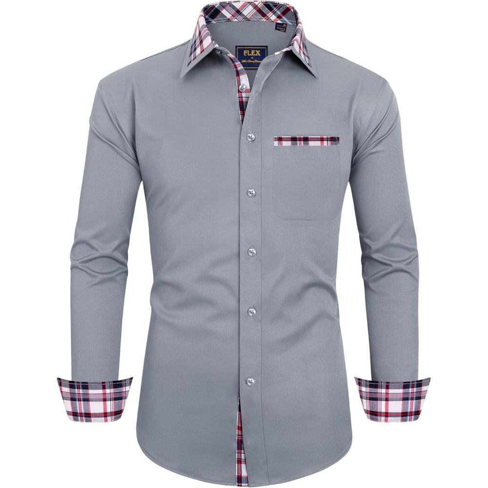 imageAlimens amp Gentle Mens Dress Shirts Long Sleeve Stretch WrinkleFree Regular Fit Business Casual Button Down ShirtFlex Grey
