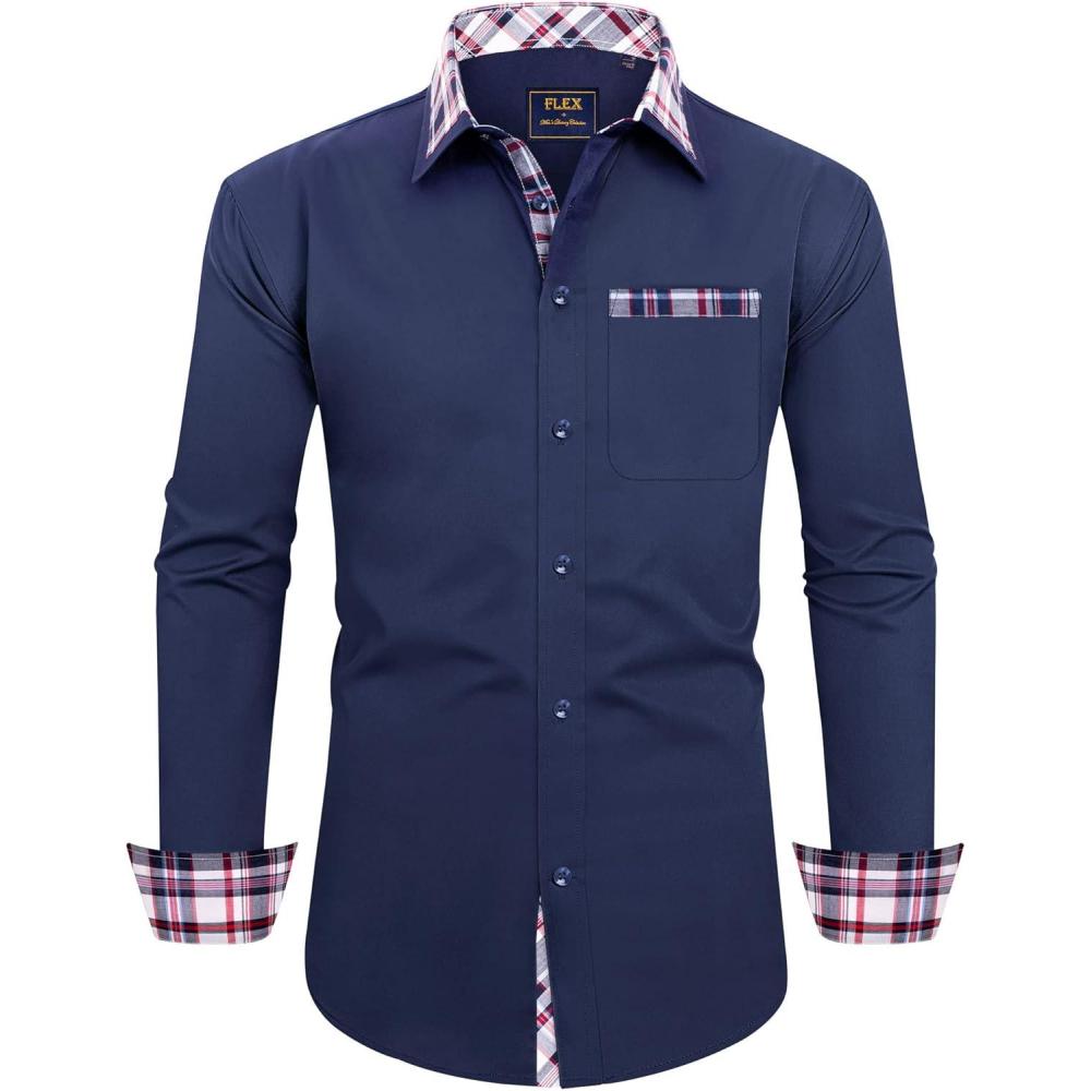 imageAlimens amp Gentle Mens Dress Shirts Long Sleeve Stretch WrinkleFree Regular Fit Business Casual Button Down ShirtFlex Navy Blue