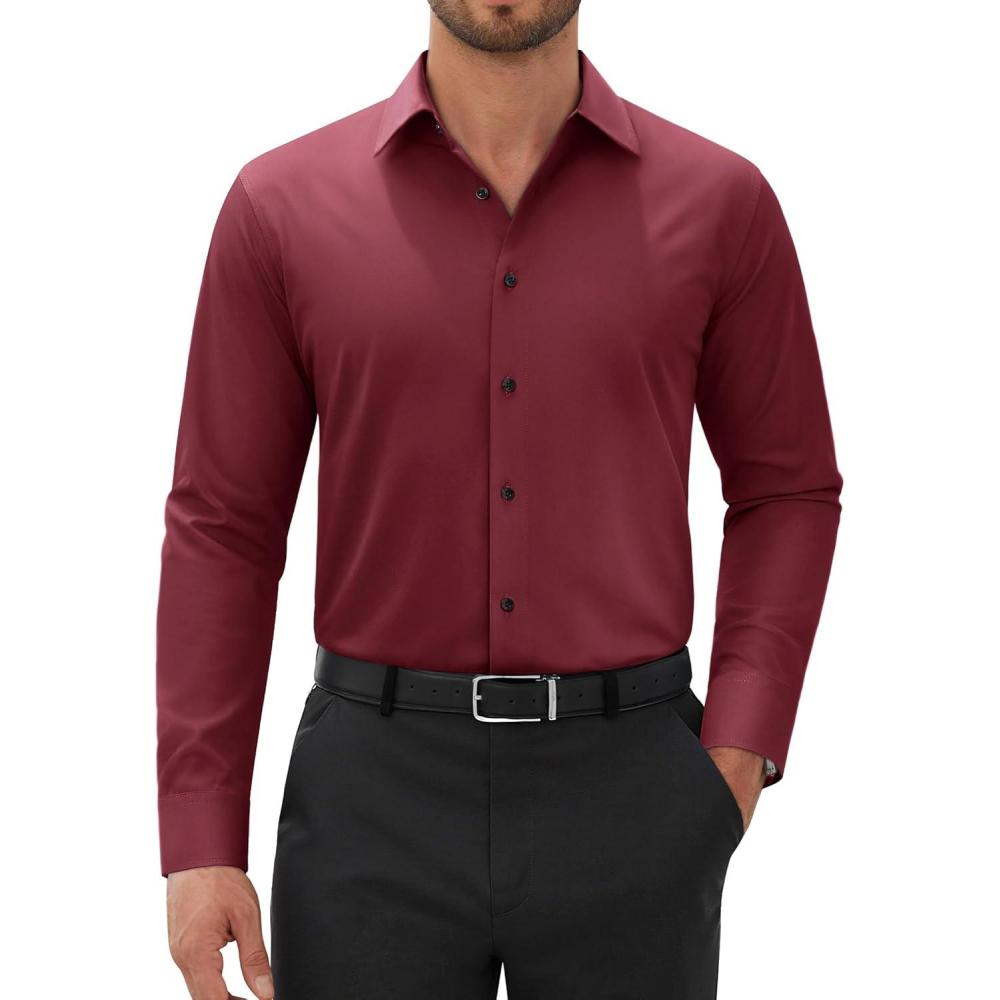 imageAlimens amp Gentle Mens Dress Shirts Long Sleeve Wrinkle Free Stretch Solid Button Down Shirt Casual Wedding Dating Dress ShirtBurgundy
