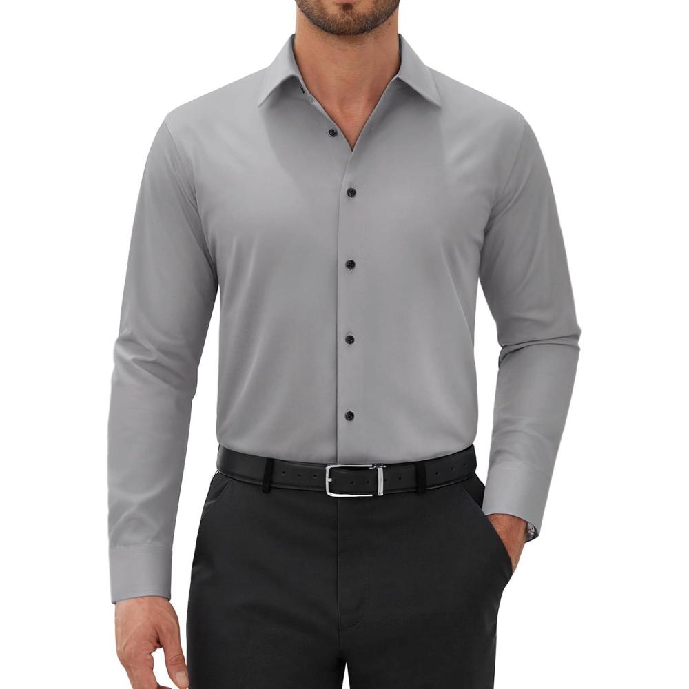 imageAlimens amp Gentle Mens Dress Shirts Long Sleeve Wrinkle Free Stretch Solid Button Down Shirt Casual Wedding Dating Dress ShirtGrey