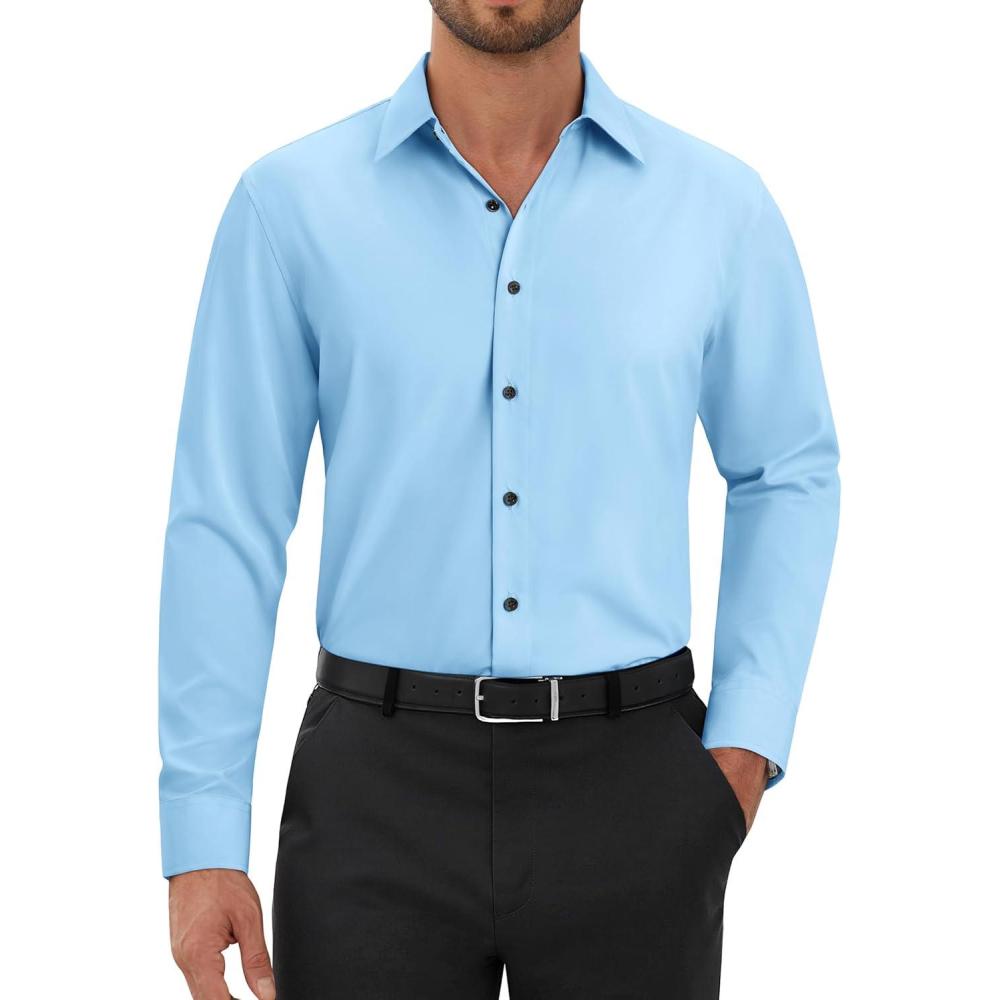 imageAlimens amp Gentle Mens Dress Shirts Long Sleeve Wrinkle Free Stretch Solid Button Down Shirt Casual Wedding Dating Dress ShirtLight Blue
