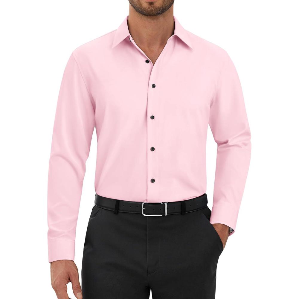 imageAlimens amp Gentle Mens Dress Shirts Long Sleeve Wrinkle Free Stretch Solid Button Down Shirt Casual Wedding Dating Dress ShirtLight Pink