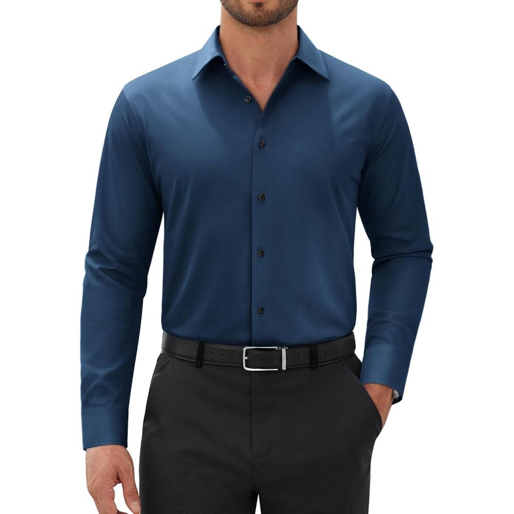 imageAlimens amp Gentle Mens Dress Shirts Long Sleeve Wrinkle Free Stretch Solid Button Down Shirt Casual Wedding Dating Dress ShirtNavy Blue