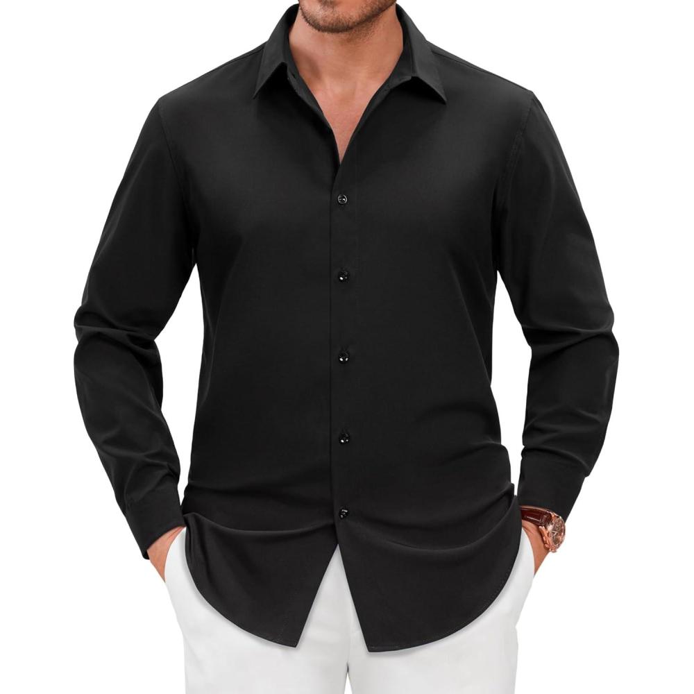 imageAlimens amp Gentle Mens Dress Shirts Long Sleeve Wrinkle Free Stretch Solid Formal Business Button Down ShirtsBlack