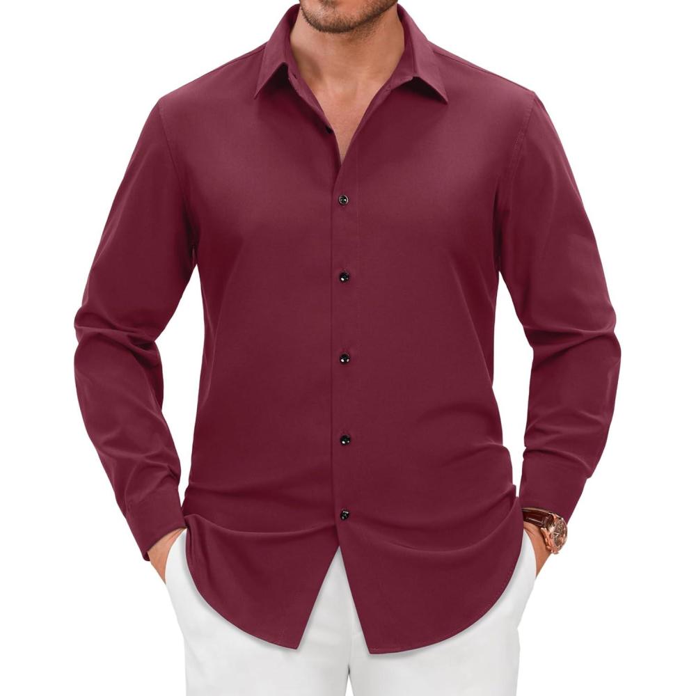 imageAlimens amp Gentle Mens Dress Shirts Long Sleeve Wrinkle Free Stretch Solid Formal Business Button Down ShirtsBurgundy