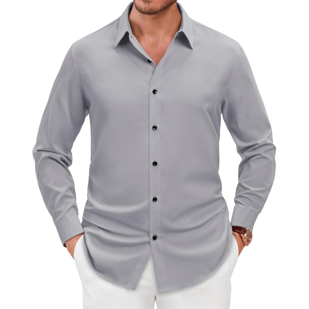 imageAlimens amp Gentle Mens Dress Shirts Long Sleeve Wrinkle Free Stretch Solid Formal Business Button Down ShirtsGrey