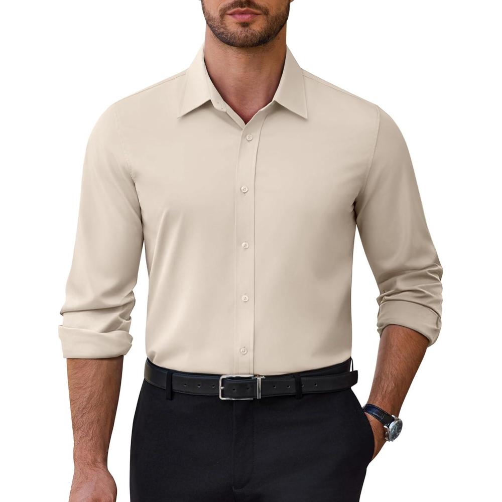 imageAlimens amp Gentle Mens Dress Shirts Stretch Solid Wrinkle Free Button Down Shirt Casual Business Wedding Button Up ShirtBeige