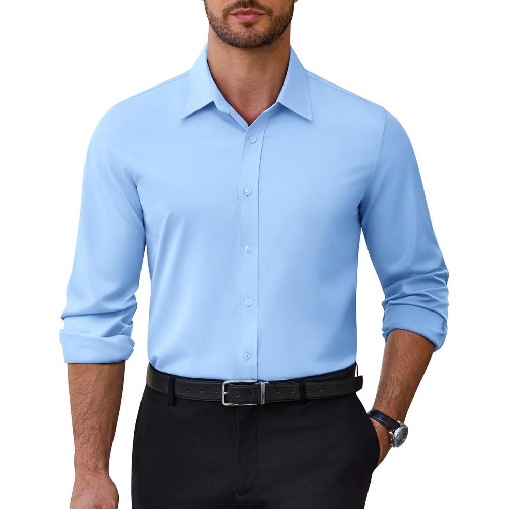 imageAlimens amp Gentle Mens Dress Shirts Stretch Solid Wrinkle Free Button Down Shirt Casual Business Wedding Button Up ShirtLight Blue
