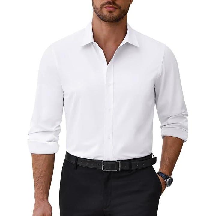 imageAlimens amp Gentle Mens Dress Shirts Stretch Solid Wrinkle Free Button Down Shirt Casual Business Wedding Button Up ShirtWhite