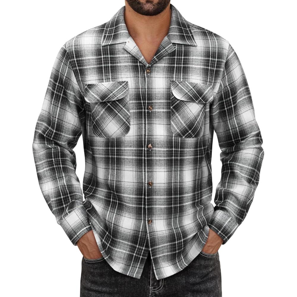 imageAlimens amp Gentle Mens Flannel Shirts Long Sleeve Casual Plaid Button Down Shirt Jacket Work Daily Shackets with PocketsBlack White