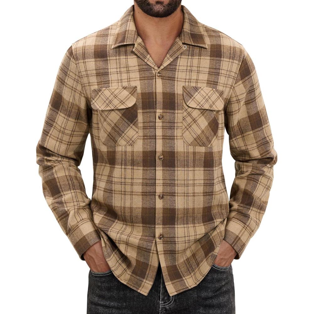 imageAlimens amp Gentle Mens Flannel Shirts Long Sleeve Casual Plaid Button Down Shirt Jacket Work Daily Shackets with PocketsKhaki