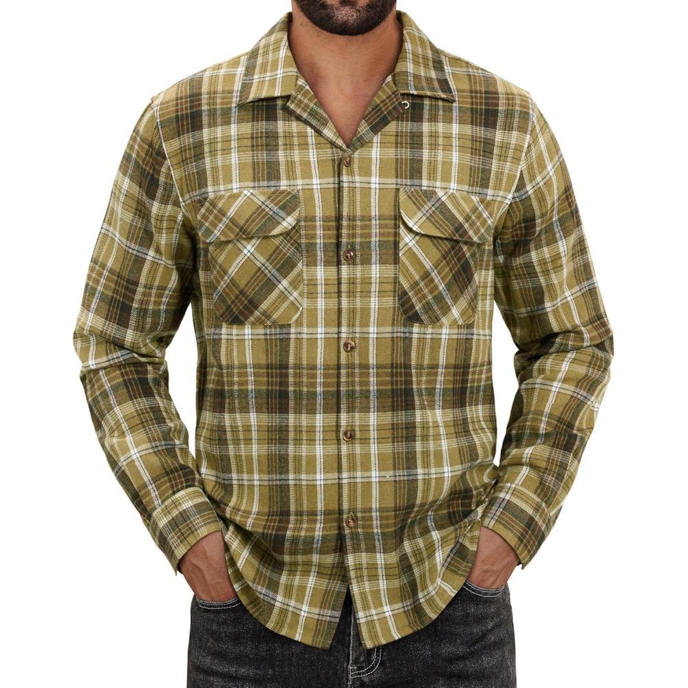 imageAlimens amp Gentle Mens Flannel Shirts Long Sleeve Casual Plaid Button Down Shirt Jacket Work Daily Shackets with PocketsOlive Brown