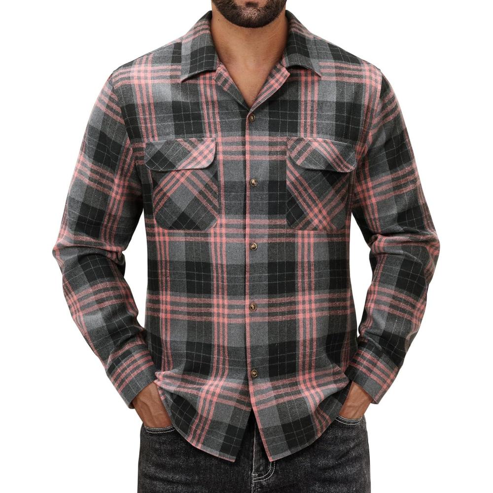 imageAlimens amp Gentle Mens Flannel Shirts Long Sleeve Casual Plaid Button Down Shirt Jacket Work Daily Shackets with PocketsPink Grey