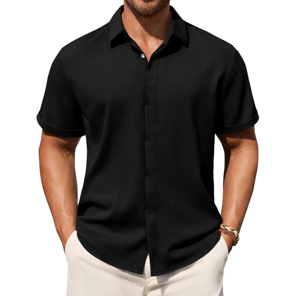 imageAlimens amp Gentle Mens Linen Shirt Short Sleeve Button Down Shirt Casual Summer Beach Vacation Wedding ShirtsBlack