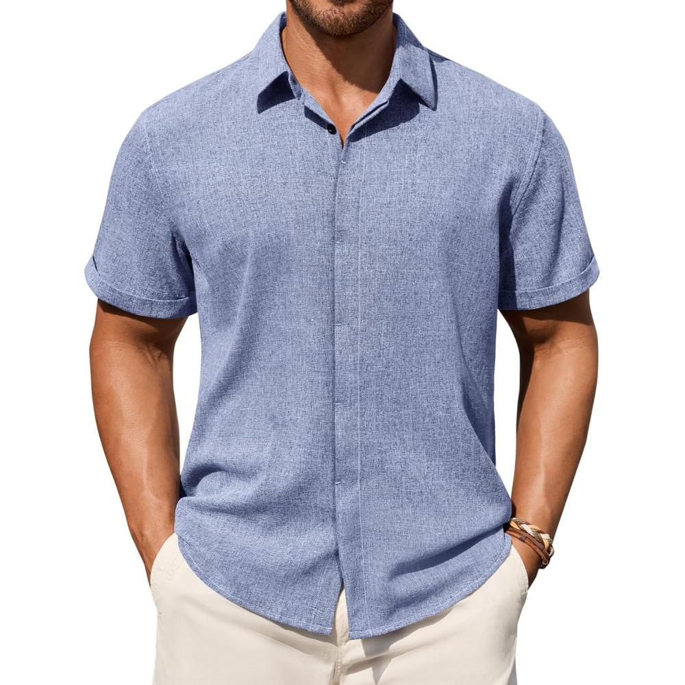 imageAlimens amp Gentle Mens Linen Shirt Short Sleeve Button Down Shirt Casual Summer Beach Vacation Wedding ShirtsBlue