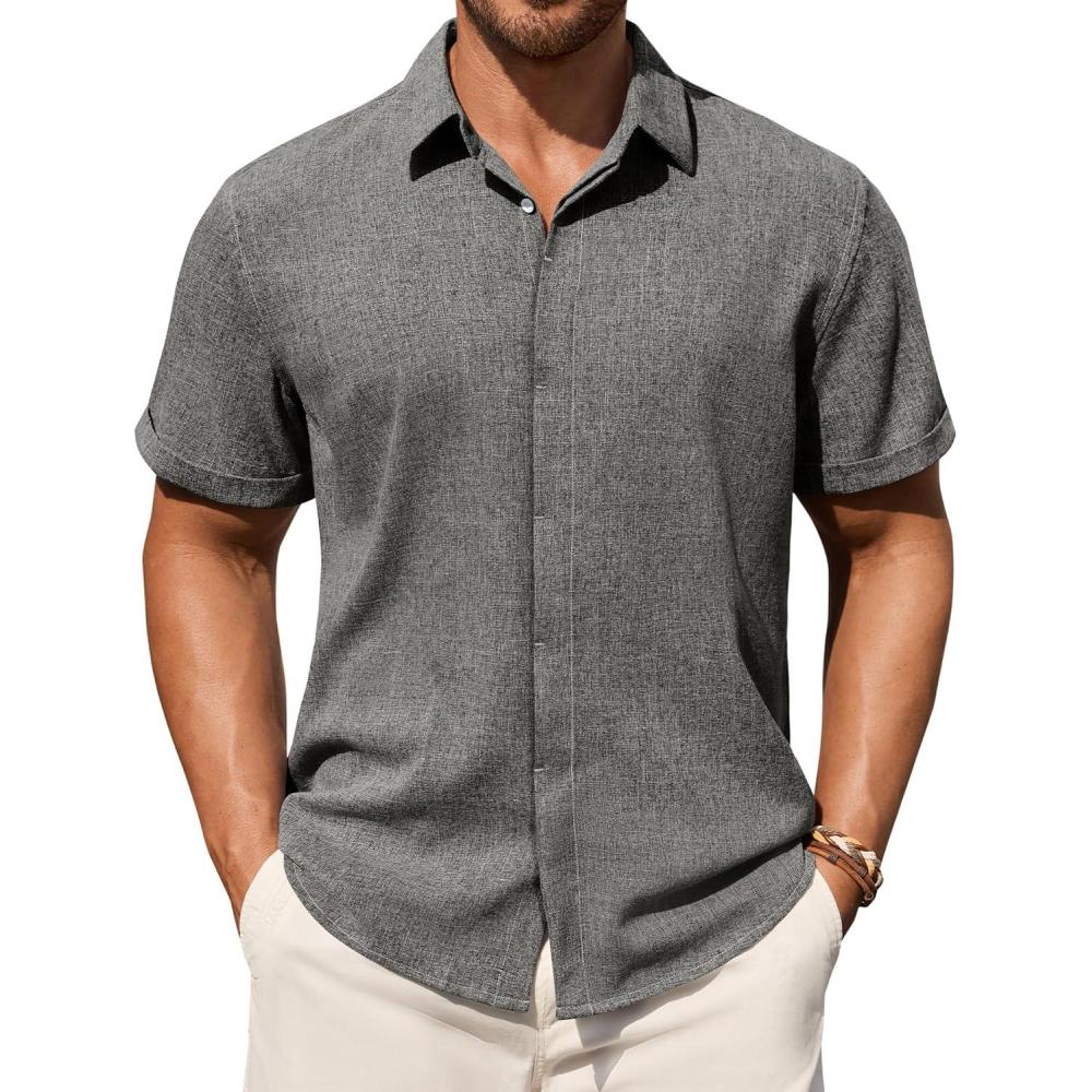 imageAlimens amp Gentle Mens Linen Shirt Short Sleeve Button Down Shirt Casual Summer Beach Vacation Wedding ShirtsGrey