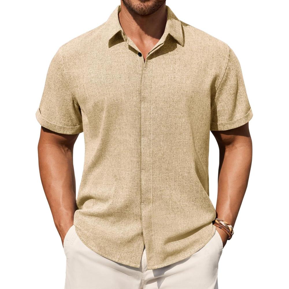 imageAlimens amp Gentle Mens Linen Shirt Short Sleeve Button Down Shirt Casual Summer Beach Vacation Wedding ShirtsKhaki