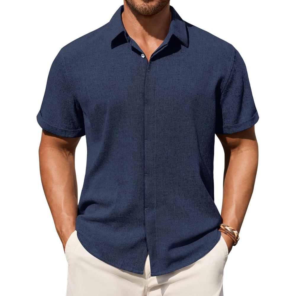 imageAlimens amp Gentle Mens Linen Shirt Short Sleeve Button Down Shirt Casual Summer Beach Vacation Wedding ShirtsNavy Blue
