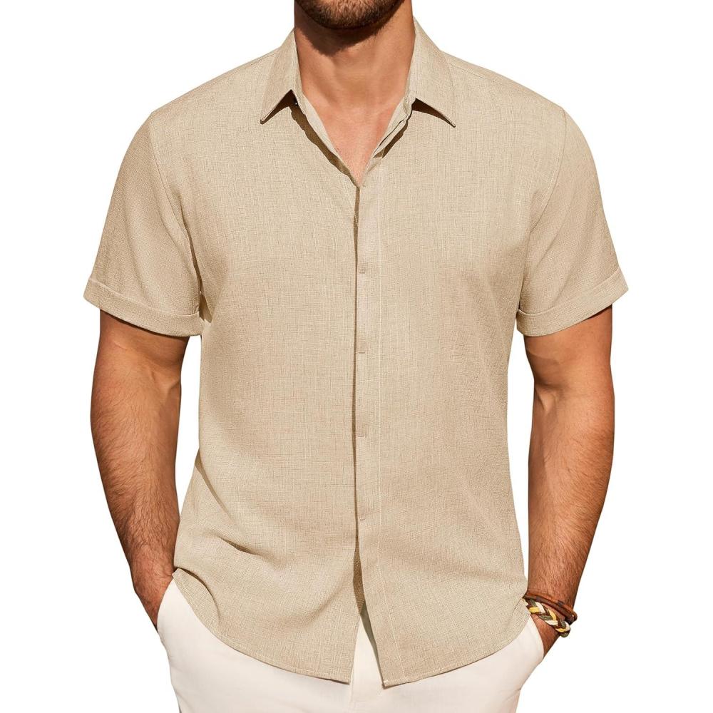 imageAlimens amp Gentle Mens Linen Shirt Short Sleeve Button Down Shirt Casual Summer Beach Vacation Wedding ShirtsTan