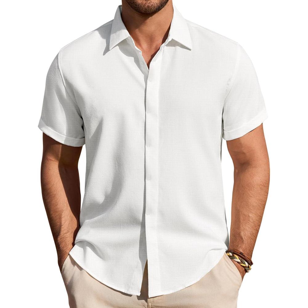 imageAlimens amp Gentle Mens Linen Shirt Short Sleeve Button Down Shirt Casual Summer Beach Vacation Wedding ShirtsWhite