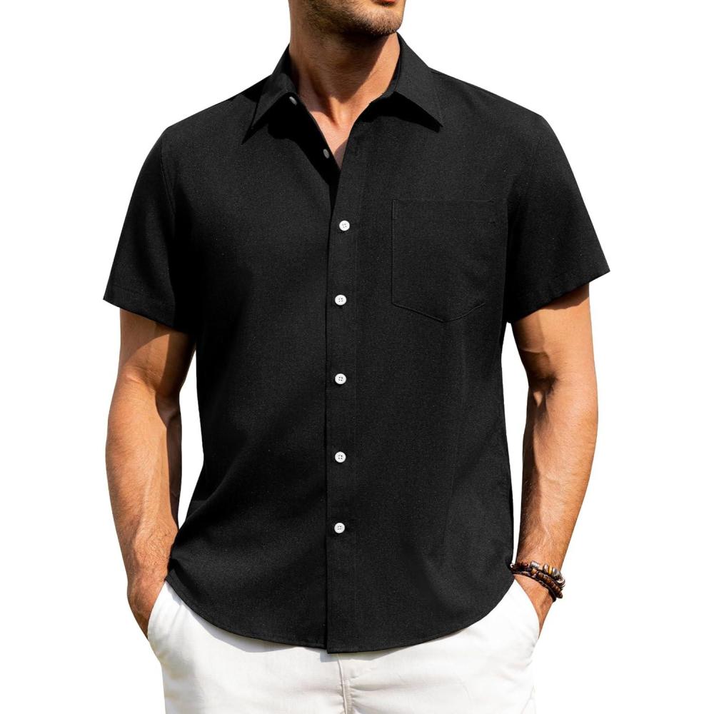 imageAlimens amp Gentle Mens Linen Shirts Short Sleeve Button Down Shirts Wrinkle Free Casual Vacation Beach Summer TopsBlack