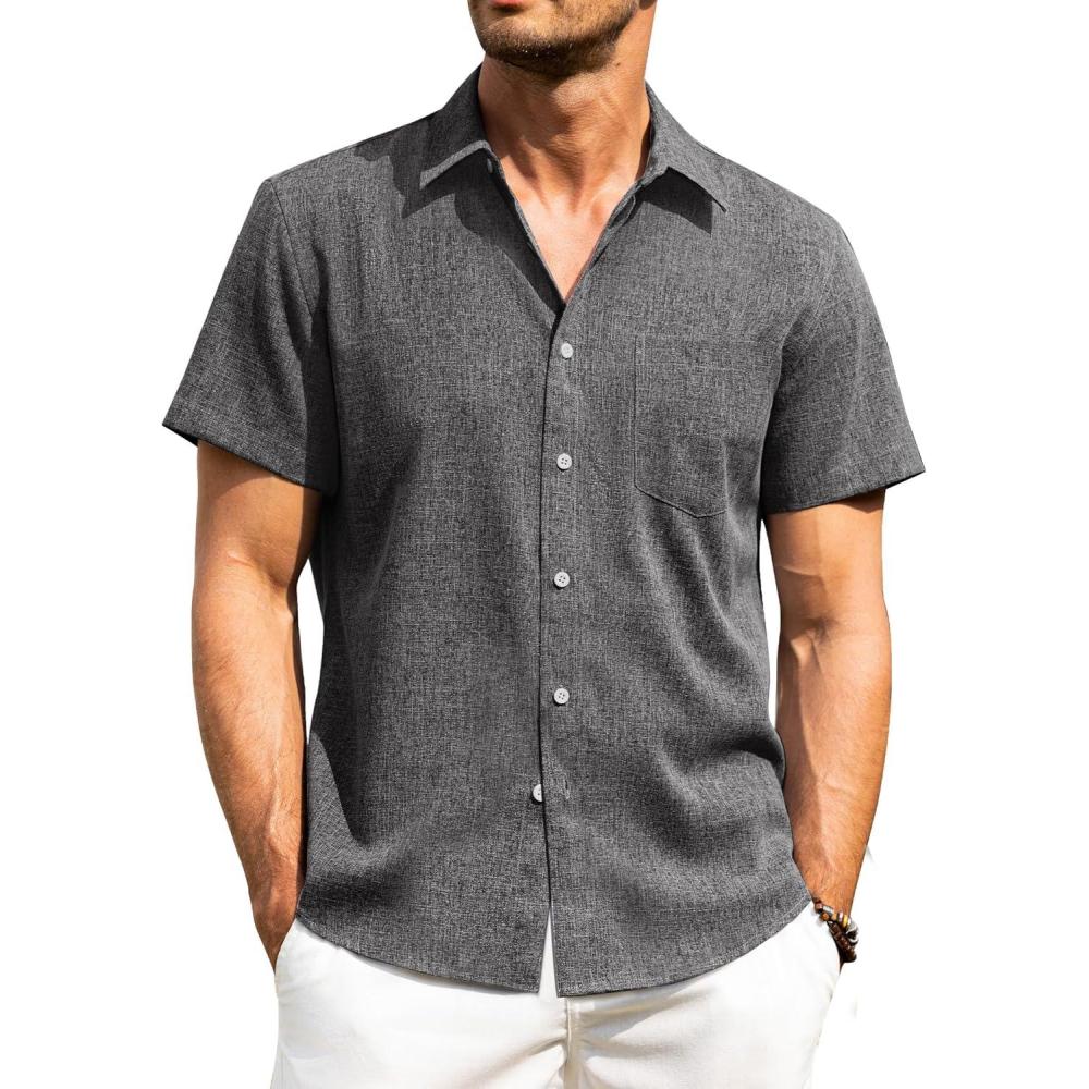 imageAlimens amp Gentle Mens Linen Shirts Short Sleeve Button Down Shirts Wrinkle Free Casual Vacation Beach Summer TopsBlack Grey